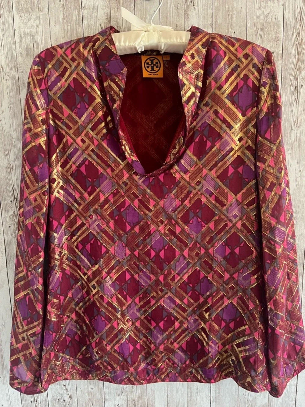 Tory Burch Metallic Geometric V-Neck Blouse in Magenta and Purple Business Size4
